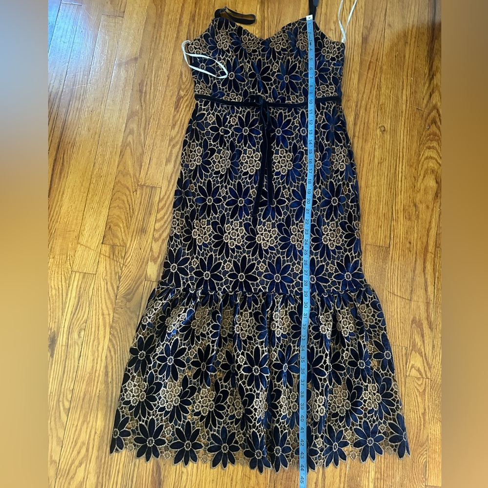 Petal & Pup Just Me Alara Navy Floral Lace Overlay Midi Trumpet Cocktail Dress - Picture 13 of 16